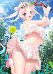  airani_iofifteen alternate_costume ball bike_shorts_under_skirt blue_hair blue_sky blush breasts chain-link_fence cloud cloudy_sky commentary crop_top day female fence food_print foot_out_of_frame green_hat hair_bun hat hololive hololive_indonesia leaf light_blue_hair long_hair looking_at_viewer medium_breasts miniskirt motion_blur multicolored_hair navel open_mouth outdoors paint paint_on_body paint_splatter paint_splatter_on_face palette_hair_ornament pink_footwear pleated_skirt polka_dot purple_eyes racket shirt shoes short_shorts shorts skirt sky sleeveless sleeveless_shirt socks solo sportswear standing standing_on_one_leg stomach sweat sweatband symbol-only_commentary tennis_ball tennis_racket tennis_uniform thighs tree two-tone_hair virtual_youtuber visor_cap watermelon_print white_hair white_shorts white_skirt white_socks yano_mitsuki_(nanairo) 