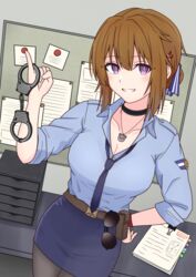  ammunition_pouch aviator_sunglasses belt black_pantyhose blue_necktie blue_shirt blue_skirt blush breasts brown_hair choker cleavage collarbone commentary commentary_request cowboy_shot cuffs female from_above girls&#039;_frontline gotoo grizzly_mkv_(elite_on_patrol)_(girls&#039;_frontline) grizzly_mkv_(girls&#039;_frontline) hair_between_eyes hair_ornament hairclip hand_on_own_hip handcuffs highres holding holding_handcuffs indoors jewelry large_breasts looking_at_viewer loose_necktie medium_hair necklace necktie open_mouth pantyhose papers pouch purple_eyes shirt shirt_tucked_in skirt sleeves_rolled_up smile solo sunglasses unworn_eyewear wristband 