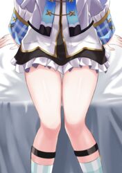  absurdres amane_kanata amane_kanata_(1st_costume) black_skirt blue_socks cropped_jacket feet_out_of_frame female frilled_skirt frills grey_jacket hideharu highres hololive jacket legs skirt sleeve_cuffs sleeves_past_wrists socks solo thighs virtual_youtuber 