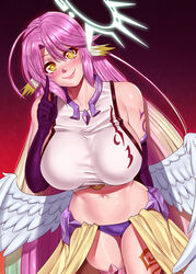  angel angel_wings animal_ears bird_ears breasts closed_mouth commentary crop_top cross english_commentary feathered_wings female gloves glowing glowing_halo gradient_hair halo highres huge_breasts jibril_(no_game_no_life) long_hair looking_at_viewer low_wings magic_circle midriff multicolored_eyes multicolored_hair navel no_game_no_life pashapencil pink_hair purple_eyes smile solo spiked_halo symbol-shaped_pupils tattoo very_long_hair white_wings wing_ears wings yellow_eyes 