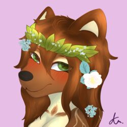  1:1 2023 accessory anthro black_nose blue_flower blush blush_lines breasts brown_body brown_fur canid canine canis chest_markings cleavage clothed clothing digital_drawing_(artwork) digital_media_(artwork) domestic_dog eyebrows eyelashes female flower flower_in_hair forget-me-not_(flower) fur green_eyes green_leaves hair hair_accessory hi_res leaf leaf_crown leaves_in_hair looking_at_viewer makeup mammal markings multicolored_body nude pink_background plant signature simple_background smile solo tan_body tan_fur tan_inner_ear twinkworshiper8 