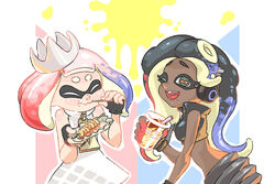  animal_humanoid anthro bare_shoulders beverage cephalopod cephalopod_humanoid clothing container crop_top crown cup duo female food hair headgear headphones humanoid inkling marina_(splatoon) marine marine_humanoid mikeinel mollusk mollusk_humanoid multicolored_hair nintendo octarian octoling off_the_hook_(splatoon) pearl_(splatoon) pseudo_hair shirt splatoon tagme toothpick topwear zipper 