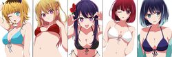  5girls :3 ;o alternate_costume arima_kana bare_shoulders bikini black_bikini black_hair blonde_hair blue_bikini blue_eyes blue_hair blush bob_cut breasts cleavage closed_mouth collarbone column_lineup commentary demon_horns flower front-tie_bikini_top front-tie_top gradient_hair green_hair hair_flower hair_ornament halterneck highres horns hoshino_ai_(oshi_no_ko) hoshino_ruby kurokawa_akane kusana_(kusana47454281) large_breasts light_blue_hair long_hair looking_at_viewer medium_breasts medium_hair memcho mismatched_pupils multicolored_hair multiple_girls navel no_pupils one_eye_closed one_side_up open_mouth oshi_no_ko parted_lips paw_pose purple_eyes purple_hair red_bikini red_eyes red_hair roots_(hair) short_hair side-tie_bikini_bottom sidelocks simple_background smile star-shaped_pupils star_(symbol) stomach sweatdrop swimsuit symbol-shaped_pupils upper_body white_background white_bikini 