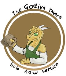  2014 4_fingers anthro barmaid clothing dnd_homebrew female fingers flat_chested green_sclera horn kobold mca_jabberwocky pupils rezzic scales scalie smile solo standing tankard yellow_body yellow_eyes yellow_scales 