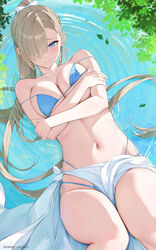  absurdres afloat_leaves alternate_costume arms_under_breasts asuna_(blue_archive) bare_arms bare_legs bare_shoulders bikini blue_archive blue_bikini blue_eyes blush breast_hold breasts breasts_squeezed_together closed_mouth commentary_request double_strap_slip female from_above groin hair_over_one_eye hands_on_own_arms highres knees_up large_breasts leaf_on_liquid light_brown_hair long_hair lying lying_on_water mole mole_on_breast multi-strapped_bikini_bottom navel on_back one_eye_covered partially_submerged ponytail ripples rosumerii sarong self_hug solo stomach swimsuit very_long_hair white_sarong 