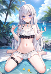  absurdres ahoge barefoot bikini black_choker blue_sky blush cc_lin chinese_commentary choker closed_mouth cloud collarbone commentary_request crossed_bangs cup day diamond_necklace elaina_(majo_no_tabitabi) english_commentary eyelashes eyes_visible_through_hair feet female flower frilled_bikini frills full_body glass grey_hair groin hair_between_eyes halterneck hands_up happy highres holding holding_cup jewelry legs lips long_hair looking_at_viewer majo_no_tabitabi mixed-language_commentary nail_polish navel necklace ocean off_shoulder outdoors paid_reward_available palm_tree purple_eyes purple_nails rock shiny_skin shy sidelocks sitting skindentation sky smile stomach straight_hair sunlight swimsuit thigh_strap thighs toenail_polish toenails toes tree variant_set very_long_hair w_arms wariza wet wet_clothes wet_swimsuit white_bikini yellow_flower 