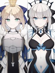  2girls armor artoria_caster_(fate) artoria_caster_(third_ascension)_(fate) artoria_pendragon_(fate) black_bow black_dress blonde_hair blue_bow blue_eyes bow breastplate breasts collar crown double-parted_bangs dress facial_mark fate/grand_order fate_(series) forehead_mark fur_collar green_eyes grey_hair hair_between_eyes hairbow highres looking_at_viewer mati5572 morgan_le_fay_(fate) multiple_girls parted_bangs pubic_tattoo sidelocks spiked_collar spikes tattoo white_background white_dress 