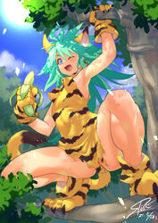  absurdres animal_ears animal_print banana bell blue_eyes breasts cham_cham collar female food fruit gloves green_hair highres neck_bell one_eye_closed outdoors paw_shoes pointy_breasts samurai_spirits shirou shoes sitting_on_branch small_breasts snk solo squatting tail tiger_print 