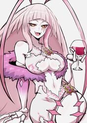  absurdres alcohol antenna_hair arthropod_girl blunt_bangs breasts cleavage cleavage_cutout clothing_cutout cockroach_girl cup dress drinking_glass female fur-trimmed_dress fur_trim highres holding holding_cup large_breasts long_hair looking_at_viewer mat_(matdesenheiro) matara_kan matara_kan_(1st_costume) monster_girl open_mouth pink_hair red_eyes sidelocks sleeveless sleeveless_dress smile solo stomach_cutout very_long_hair virtual_youtuber vshojo white_dress wine wine_glass 