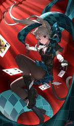  absurdres ace_(playing_card) ace_of_hearts ace_of_spades animal_ears black_footwear boots bow breasts card cat_ears cat_girl cat_tail cleavage commentary expressionless facial_mark female five_of_spades four_of_clubs four_of_diamonds genshin_impact grey_hair hairbow heart highres joehi leotard lynette_(genshin_impact) medium_breasts pantyhose playing_card purple_eyes queen_(playing_card) queen_of_spades red_curtains ribbon solo spade_(shape) star_(symbol) tail two-tone_gloves 