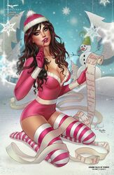  1girls big_breasts black_hair blue_eyes breasts busty christmas christmas_list cleavage comic_cover dawn_mcteigue eye_contact female female_only front_view gloves grimm_fairy_tales_zenescope hat highlights keres_(zenescope) kneeling large_breasts leotard lipstick list looking_at_viewer multicolored_hair official_art pen pink_gloves pink_hat pink_leotard pink_lips pink_lipstick pinup red_hair red_highlights smile smiling snow snowman solo stockings streaked_hair striped_stockings striped_thighhighs text thighhighs thighs ula_mos wishlist zenescope 