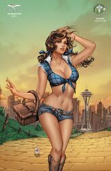  1girls arm_up basket big_breasts blue_bra blue_eyes boots bra breasts brown_boots brown_hair busty city cityscape cleavage collaboration comic_cover denim_shorts dorothy_gale dorothy_gale_(zenescope) female female_only grass grimm_fairy_tales_(comic) hot_pants large_breasts mike_krome official_art picnic_basket pinup red_lips red_lipstick seattle short_shorts shorts signature skyline solo space_needle standing text the_wizard_of_oz twintails ula_mos yellow_brick_road zenescope zenescope_entertainment 