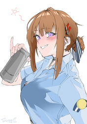  absurdres artist_name beer_can blue_shirt blush bow brown_hair can choker commentary drink_can female girls&#039;_frontline grizzly_mkv_(elite_on_patrol)_(girls&#039;_frontline) grizzly_mkv_(girls&#039;_frontline) hair_ornament hairbow hairpin highres looking_at_viewer medium_hair official_alternate_costume police police_uniform policewoman purple_eyes shirt sidelocks squeans sugac uniform white_background 