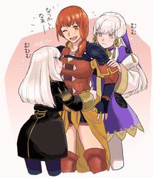  3girls age_comparison breasts fingerless_gloves fire_emblem fire_emblem:_three_houses garreg_mach_monastery_uniform gloves hair_between_eyes leonie_pinelli long_hair lysithea_von_ordelia medium_breasts multiple_girls one_eye_closed open_mouth orange_eyes orange_hair pantyhose penguinbu teeth time_paradox tongue translation_request white_hair yuri 