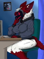  3:4 anthro clothed clothing computer electronics female fur gaming_chair hi_res hoodie keyboard machine multicolored_body multicolored_fur night no_underwear ona_(retrohnd) oversized_clothing oversized_hoodie oversized_topwear pantsless protogen red_body red_eyes red_fur retrohnd sitting thinking topwear two_tone_body two_tone_fur white_body white_fur 