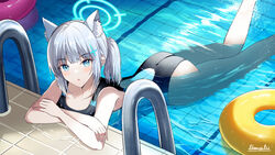  animal_ear_fluff animal_ears ass black_one-piece_swimsuit blue_archive blue_eyes breasts commentary competition_swimsuit covered_navel cross_hair_ornament extra_ears feet_out_of_frame female grey_hair hair_ornament halo highres innertube looking_at_viewer low_ponytail medium_breasts medium_hair mismatched_pupils multicolored_clothes multicolored_swimsuit namakisama official_alternate_costume one-piece_swimsuit partially_submerged pool pool_ladder poolside shiroko_(blue_archive) shiroko_(swimsuit)_(blue_archive) solo swim_ring swimsuit water wolf_ears 