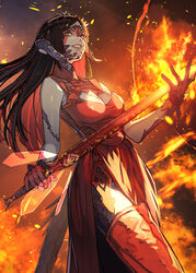  absurdres artistic_error au_ra black_hair boots breasts cleavage_cutout clothing_cutout colored_inner_hair colored_skin commission dragon_horns dragon_tail dress dutch_angle female final_fantasy final_fantasy_xiv fire glasses gloves grey_skin hide_(hideout) highres holding holding_sword holding_weapon horns lips long_hair looking_at_viewer medium_breasts multicolored_hair original red_dress red_eyes red_gloves red_hair red_mage_(final_fantasy) rimless_eyewear scales side_slit skeb_commission sleeveless sleeveless_dress smile solo sword tail teeth thigh_boots warrior_of_light_(ff14) weapon 