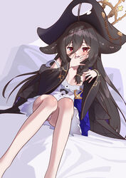  absurdres ahoge azur_lane black_coat black_hair blush braid breasts coat dress female hat highres huge_ahoge long_bangs long_hair looking_at_viewer marimo_daifuku off_shoulder open_clothes open_coat open_mouth panties pirate_hat red_eyes sitting small_breasts solo striped_clothes striped_panties tentacle tentacle_hair twin_braids underwear wavy_mouth white_dress whydah_(azur_lane) 