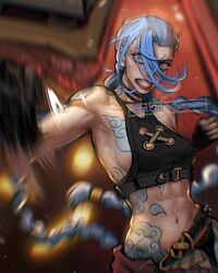  abs alternate_breast_size angry arcane:_league_of_legends arcane_jinx arm_tattoo ayaki_blade black_gloves blue_eyes blue_hair braid breast_tattoo breasts cloud_tattoo commentary crop_top crying crying_with_eyes_open english_commentary female fingerless_gloves gloves hair_over_one_eye halterneck highres jinx_(league_of_legends) league_of_legends lips long_hair low_twin_braids lowleg lowleg_pants making-of_available medium_breasts midriff motion_blur navel no_bra pants punching shoulder_tattoo sideboob solo stomach_tattoo sweat tattoo tears teeth toned twin_braids very_long_hair 