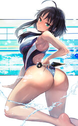  ahoge alternate_costume aqua_eyes arched_back ass back barefoot black_hair black_one-piece_swimsuit breasts closed_mouth commentary_request commission competition_swimsuit curvy feet_out_of_frame female floating_hair hachirou_(crazy318) highres hitachi_mako holding holding_weapon index_finger_raised kneeling kunai large_breasts legs light_smile looking_at_viewer looking_back medium_breasts one-piece_swimsuit pixiv_commission pool senren_banka short_hair short_hair_with_long_locks simple_background solo swimsuit thighs two-tone_swimsuit water water_drop weapon white_background 