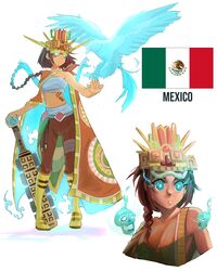  a2t_will_draw aztec bird blue_eyes boots braid brown_hair brown_pants calavera cape chest_sarashi eagle female glowing glowing_eyes headgear highres macuahuitl mexican_flag mexico no_navel original pants sarashi skull snake spirit 