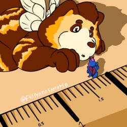  1:1 anthro arthropod barazoku bee belly bumble_beans(fujiyamasamoyed) canid canine cel_shading curious duo fujiyama_samoyed_(artist) hybrid hymenopteran insects larger_male male mammal measuring measuring_stick micro overweight overweight_anthro overweight_male perspective raccoon_dog shaded simple_background size_difference tanuki text 