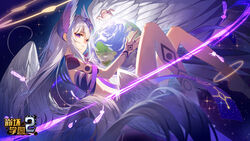  alaya_(benghuai_xueyuan) barefoot benghuai_xueyuan copyright_name earth_(planet) feathered_wings feathers female halo head_wings highres holding_planet honkai_(series) long_hair official_art planet purple_eyes second-party_source tattoo white_hair wings 