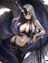  absurdres antlers asymmetrical_horns azur_lane bare_shoulders black_dress black_hair breasts chains cleavage commentary cowboy_shot dress female golden_hind_(azur_lane) hair_between_eyes highres horns large_breasts liquid long_hair looking_at_viewer mole mole_under_mouth navel parted_lips rosebell simple_background sleeveless sleeveless_dress smile solo standing stomach suction_cups tentacle very_long_hair white_background 