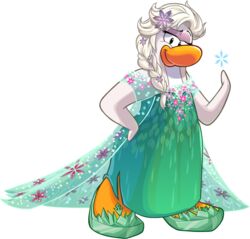  accessory alpha_channel avian bird braided_hair braided_ponytail cape clothing club_penguin crossover disney dress female floral_print footwear frozen_(movie) full-length_portrait green_clothing green_dress green_footwear hair hair_accessory hand_on_hip long_hair looking_at_viewer official_art penguin ponytail portrait print_cape print_clothing queen_elsa_(frozen) snowflake solo toony unknown_artist white_hair 