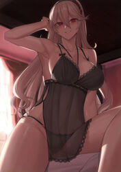  absurdres arm_up armpits babydoll bare_arms bare_shoulders black_babydoll black_hairband black_panties breasts collarbone commentary commission corrin_(female)_(fire_emblem) corrin_(fire_emblem) english_commentary female fire_emblem fire_emblem_fates grey_hair hair_between_eyes hair_ornament hairband highres indoors kakeku long_hair looking_at_viewer panties parted_lips pixiv_commission red_eyes see-through smile solo thighs underwear 