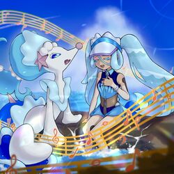  :d aqua_hair arm_support bracelet closed_eyes cloud colored_eyelashes commentary_request day eyelashes female grey_headwear hand_up hatsune_miku highres jewelry knees long_hair mifuyu_(tfzu7745) music musical_note open_mouth outdoors pokemon pokemon_(creature) primarina project_voltage singing sitting sky smile staff_(music) swimsuit tan tanlines twintails visor_cap vocaloid water water_miku_(project_voltage) zipper_pull_tab 