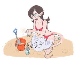  2023 anthro beverage bikini blue_eyes breasts brown_hair bucket buried buried_in_sand closed_eyes clothing collarbone container drinking drinking_straw duo eyebrow_through_hair eyebrows eyelashes female flip_flops footwear fur hair hi_res humanoid humanoid_pointy_ears kneeling lombax long_hair mammal markazian prismaticdragee ratchet_and_clank red_bikini red_clothing red_swimwear rivet_(ratchet_and_clank) sand sandals shovel silly_straw smile sony_corporation sony_interactive_entertainment striped_body striped_fur stripes swimwear talwyn_apogee tools translucent translucent_hair 