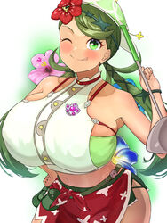  absurdres aged_up bare_shoulders belt belt_pouch blush breasts clothing_cutout commentary_request cowboy_shot crop_top dark-skinned_female dark_skin female flower green_belt green_eyes green_hair green_headband green_headwear green_shorts green_tube_top hair_flower hair_ornament hat headband highres hizakake holding holding_ladle huge_breasts ladle long_hair looking_at_viewer low_twintails mallow_(pokemon) midriff navel one_eye_closed pink_flower pokemon pokemon_sm pouch red_flower red_sarong sarong shirt short_shorts shorts side_cutout sleeveless sleeveless_shirt smile solo standing strapless swept_bangs tongue tongue_out tube_top twintails white_background white_shirt 