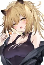  absurdres animal_ears arknights bare_shoulders black_choker black_jacket black_nails black_tank_top blush breasts brown_eyes candy choker cleavage diieru female food hair_between_eyes highres holding holding_candy holding_food holding_lollipop jacket large_breasts light_brown_hair lion_ears lion_girl lollipop long_hair messy_hair oerba_yun_fang off_shoulder siege_(arknights) simple_background skin_fang solo tank_top tongue tongue_out upper_body white_background 