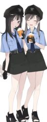  2girls ama_mitsuki bare_legs belt black_footwear black_gloves black_hair black_skirt blue_shirt blunt_bangs blush breast_pocket brown_eyes brown_hair bubble_tea closed_eyes commentary cup disposable_cup drink drinking drinking_straw drinking_straw_in_mouth female_service_cap gloves hat high_heels highres holding holding_cup holding_drink legs long_hair looking_at_viewer multiple_girls necktie open_mouth original pencil_skirt pocket police police_hat police_uniform policewoman sandals shirt short_sleeves skirt smile toeless_footwear toes twintails uniform 