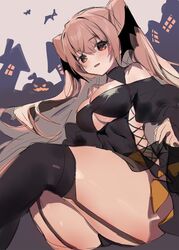  bat_(animal) black_dress black_panties black_thighhighs black_wings blush breasts brown_eyes cleavage dress fake_wings female garter_straps hair_between_eyes halloween halloween_costume head_wings highres jack-o&#039;-lantern johnston_(halloween_mode)_(kancolle) johnston_(kancolle) kantai_collection large_breasts light_brown_hair long_hair looking_at_viewer one-hour_drawing_challenge panties picoli1313 solo thighhighs thighs two_side_up underwear very_long_hair wings 