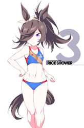  alternate_costume alternate_hairstyle animal_ears armpits bare_shoulders black_hair blue_buruma bow breasts brown_hair buruma character_name closed_mouth commentary_request copyright_name ear_bow feet_out_of_frame female hair_over_one_eye hand_on_own_hip horse_ears horse_girl horse_tail long_hair looking_at_viewer midriff multicolored_sports_bra ponytail purple_eyes rice_shower_(umamusume) shigino_sohuzi simple_background small_breasts solo sports_bikini sports_bra tail translation_request umamusume white_background white_bow 