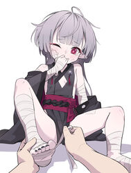  absurdres applying_bandages bandaged_arm bandaged_foot bandaged_leg bandages black_kimono black_nails blue_archive blush breasts cleavage_cutout clothing_cutout commentary_request feet female grey_hair highres hirotaka0125 holding_another&#039;s_foot japanese_clothes kimono legs long_hair md5_mismatch nail_polish no_halo obi one_eye_closed pink_pupils pointy_ears pov pov_hands red_eyes sash shuro_(blue_archive) sideless_outfit small_breasts solo_focus tearing_up toenail_polish toenails toes very_long_hair 