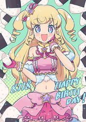  :d bare_shoulders blonde_hair blue_eyes blush cbgb commentary_request cropped_shirt detached_sleeves excited female food food_on_face frilled_skirt frills gloves hair_ornament hand_on_own_cheek hand_on_own_face hand_up happy_birthday holding holding_food idol_clothes idol_time_pripara long_hair looking_at_viewer midriff miniskirt onigiri open_mouth pink_gloves pink_shirt pink_skirt pretty_series pripara puffy_detached_sleeves puffy_sleeves purple_eyes ringlets shirt skirt smile solo star_(symbol) star_hair_ornament straight-on two_side_up wide-eyed yumekawa_yui 