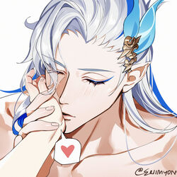  1boy 1other artist_name asymmetrical_bangs blue_eyeliner blue_hair blush closed_eyes collarbone commentary english_commentary eriimyon eyelashes eyeliner genshin_impact hair_between_eyes hair_ornament hand_up heart highres holding_another&#039;s_wrist kissing kissing_hand long_hair makeup male_focus multicolored_hair neuvillette_(genshin_impact) parted_bangs parted_lips pointy_ears pov simple_background solo_focus speech_bubble spoken_heart streaked_hair twitter_username upper_body white_background white_hair 