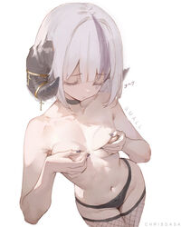  artist_name black_choker black_horns black_nails black_panties blunt_bangs breast_conscious breast_hold breasts breasts_day choker chrisdasa closed_eyes closed_mouth collarbone english_commentary female fingernails fishnet_thighhighs fishnets good_breasts_day grabbing_own_breast hair_intakes highres horns jewelry kaomoji looking_down nail_polish navel original panties parted_bangs purple_hair ram_(animal) sharp_fingernails sheep_horns short_hair simple_background small_breasts solo thighhighs topless underwear white_background white_hair 