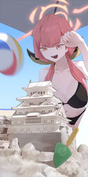  absurdres alternate_costume architecture aru_(blue_archive) ball beach beachball bikini black_bikini blue_archive blue_sky breasts dated_commentary demon_horns east_asian_architecture female halo highres horns japanese_castle kneeling md5_mismatch mixed-language_commentary mole mole_on_breast mole_under_mouth motion_blur navel open_mouth orange_eyes orange_hair ryeon_(bluetom1) sand_castle sand_sculpture sky smile solo stomach swimsuit trowel 