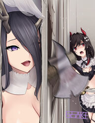  2girls antlers apron asymmetrical_horns axe azur_lane black_hair breasts cleavage commentary_request ex_saki golden_hind_(azur_lane) golden_hind_(forlorn_femme_fatale)_(azur_lane) hair_over_one_eye hair_ribbon halloween_costume here&#039;s_johnny!_(meme) highres holding holding_sword holding_weapon horns large_breasts maid_apron meme mole mole_under_mouth multiple_girls official_alternate_costume open_mouth parody purple_eyes red_eyes reindeer_antlers ribbon royal_fortune_(azur_lane) royal_fortune_(treats_from_the_deep)_(azur_lane) saber_(weapon) scared scene_reference shaded_face signature smile suction_cups sword tentacle tentacle_hair the_shining veil weapon white_ribbon 