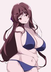  bikini breasts brown_hair coveredcore cowboy_shot female highres large_breasts purple_bikini red_eyes solo swimsuit yuugiri_(zombie_land_saga) zombie_land_saga 