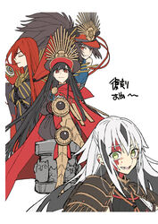  1boy 3girls armor armored_boots black_bodysuit black_hair black_headwear black_jacket black_pants blood blood_on_face blue_shirt bodysuit boots breastplate breasts cape chains closed_eyes collar collared_cape crest crossed_legs family_crest fate/grand_order fate_(series) gloves green_eyes hair_between_eyes hair_over_one_eye hat highres jacket japanese_armor koha-ace large_breasts long_hair long_sleeves looking_at_viewer medallion medium_breasts metal_collar multicolored_hair multiple_girls multiple_persona nagao_kagetora_(fate) oda_kippoushi_(fate) oda_nobunaga_(fate) oda_nobunaga_(maou_avenger)_(fate) oda_uri open_mouth pants peaked_cap ponytail popped_collar red_cape red_eyes red_hair shirt shoulder_armor sidelocks sitting small_breasts smile sode translation_request two-tone_hair very_long_hair wada_arco waist_cape white_gloves white_hair 