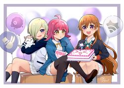  3girls absurdres ahoge animal balloon black_jacket black_socks black_thighhighs blonde_hair blue_hoodie blush box cake cardboard_box cardigan feline food green_ribbons grey_socks hair_over_one_eye hanpen_(nijigasaki) highres holding holding_animal holding_cake holding_cat holding_food hood hoodie jacket konoe_kanata long_hair long_sleeves looking_at_viewer love_live! love_live!_nijigasaki_high_school_idol_club medium_hair mia_taylor multiple_girls neck_ribbon nijigasaki_school_uniform plaid plaid_skirt pleated_skirt red_cardigan ribbon rina-chan_board school_uniform short_hair sitting ska.harumi skirt sleeves_past_wrists socks teeth tennoji_rina thighhighs upper_body upper_teeth_only white_cat white_jacket white_skirt wi-fi_symbol winter_uniform yellow_eyes yellow_ribbon zettai_ryouiki 