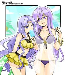  2girls alternate_costume bare_shoulders bikini blue_eyes breasts circlet cleavage commentary_request fire_emblem fire_emblem:_genealogy_of_the_holy_war fire_emblem:_thracia_776 food holding holding_food holding_popsicle julia_(fire_emblem) long_hair looking_at_another multiple_girls narrowed_eyes open_mouth popsicle purple_bikini purple_eyes purple_hair sara_(fire_emblem) stomach swimsuit thighs yellow_bikini yukia_(firstaid0) 