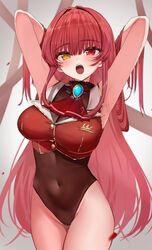  absurdres armpits arms_up bare_arms bare_shoulders blush breasts brooch cleavage contrapposto covered_navel cowboy_shot cropped_jacket fangs female hair_between_eyes hair_down hair_lift heterochromia highleg highleg_leotard highres hololive houshou_marine houshou_marine_(1st_costume) jacket jewelry large_breasts leotard leotard_under_clothes long_hair looking_at_viewer open_mouth red_eyes red_hair red_jacket ringed_eyes see-through see-through_cleavage sleeveless sleeveless_jacket solo thigh_gap very_long_hair virtual_youtuber yellow_eyes yuzuyukiha 