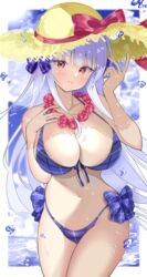  absurdres azur_lane bad_id bad_pixiv_id bikini bow breasts commentary cowboy_shot cygnet_(azur_lane) cygnet_(sea_star_on_shore)_(azur_lane) female flower flower_necklace front-tie_bikini_top front-tie_top hair_ornament hat highres huge_breasts kisahipi looking_at_viewer official_alternate_costume plaid plaid_bikini plaid_bow purple_bikini red_bow red_eyes straw_hat swimsuit white_hair 