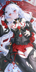  artist_name bare_shoulders bat_hair_ornament black_dress black_sleeves bow breasts cleavage closed_mouth commentary_request detached_sleeves dress earrings feet_out_of_frame female flower frilled_sleeves frills from_above hair_ornament hairbow haruri highres honkai_(series) honkai_impact_3rd jewelry long_hair looking_at_viewer lying on_back petals red_bow red_dress red_eyes red_flower red_nails red_rose red_skirt rose skirt sleeveless sleeveless_dress smile solo theresa_apocalypse theresa_apocalypse_(luna_kindred) theresa_apocalypse_(lunar_vow:_crimson_love) thighhighs torn_clothes torn_thighhighs very_long_hair white_hair 